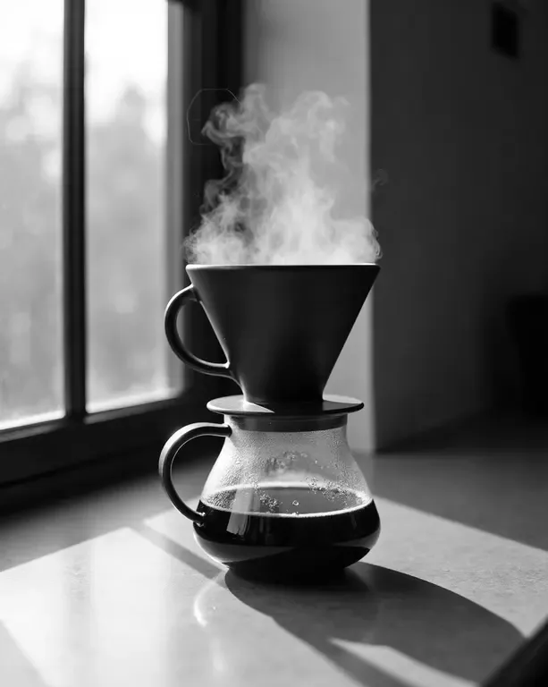 AI-generated black and white product photo of a ceramic pour-over coffee dripper with steam, created with fal.ai for an Instagram post published through PostSider
