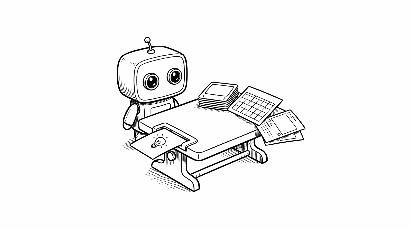 Illustration of a small robot at a desk turning one idea into a stack of carousels, a content calendar and social posts